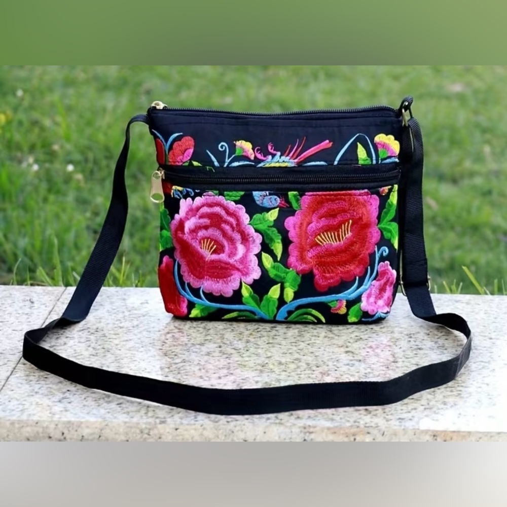 Embroidered Floral Crossbody Bag - Black with Pink Flowers